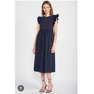 En Saison Sammy Midi‎ Dress Navy Blue Ruffle Sleeve Cotton Empire Waist Size M
